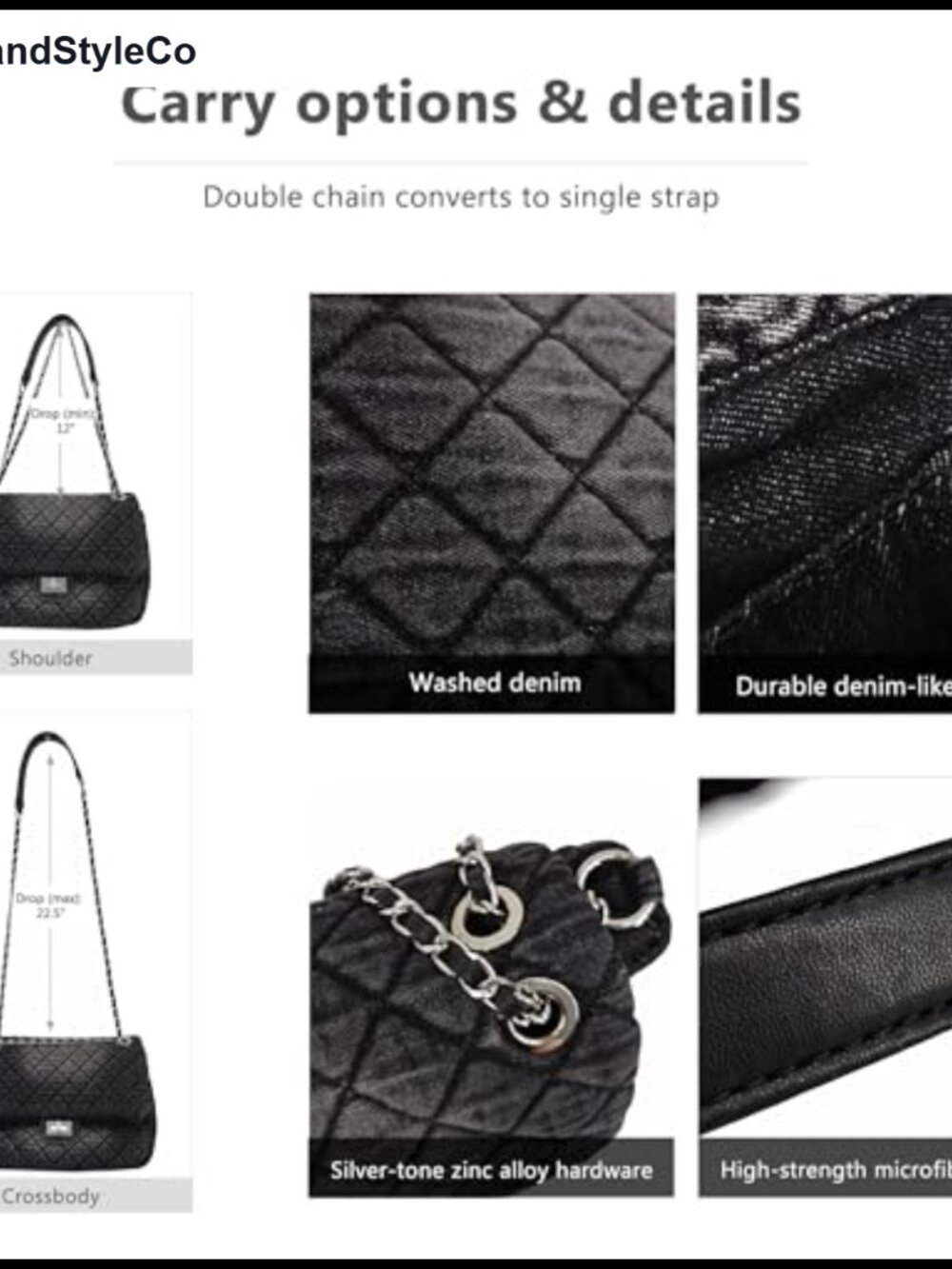 Vintage Washed Quilted Denim Hobo Bag Chain Strap Shoulder Purse - Picture 5 of 6